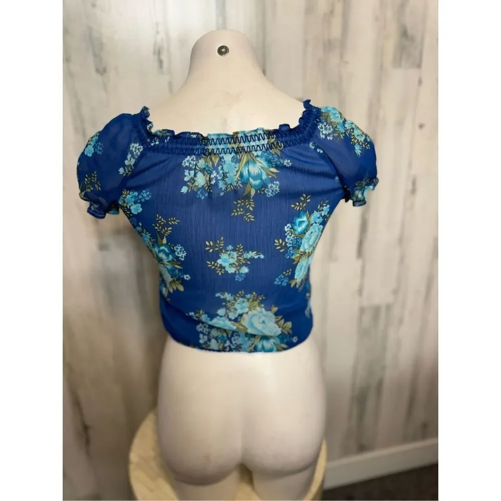 Abercrombie & Fitch Blue Floral Crop Top Womens Extra Small XS Puff Sleeve TLC